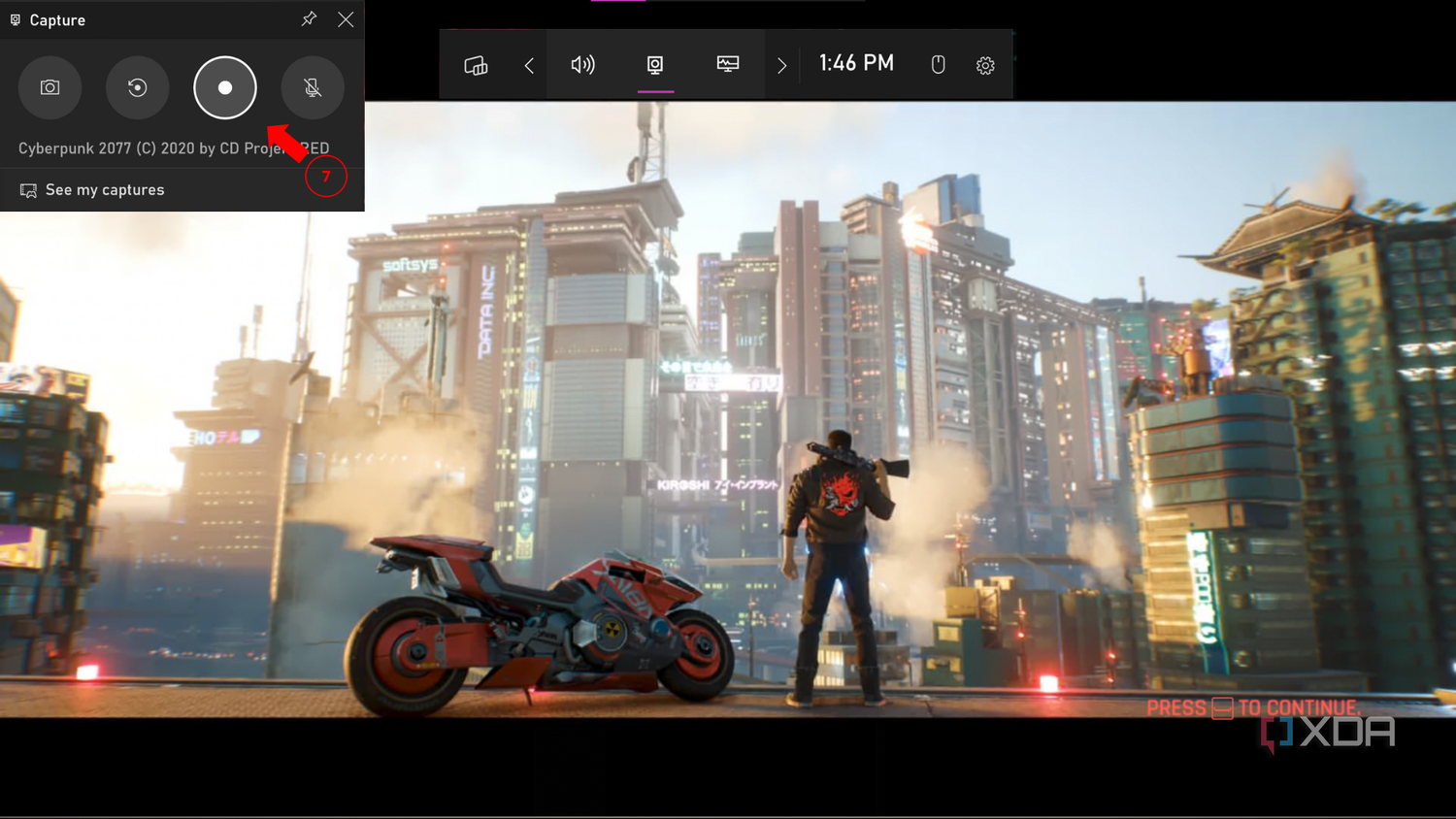 Xbox Game Bar overlay with the capture tab open and cyberpunk 2077 intro running in the background