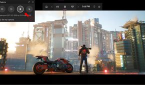 Xbox Game Bar overlay with the capture tab open and cyberpunk 2077 intro running in the background