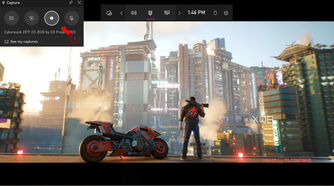 Xbox Game Bar overlay with the capture tab open and cyberpunk 2077 intro running in the background