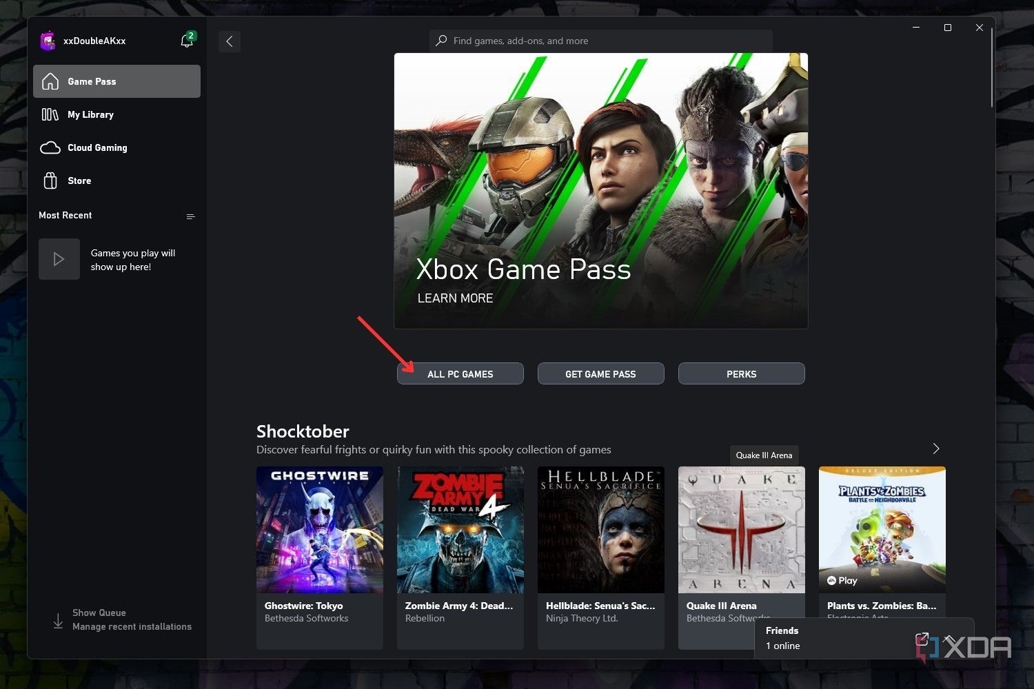 Windows screenshot that highlights the All PC Games option in the Xbox app