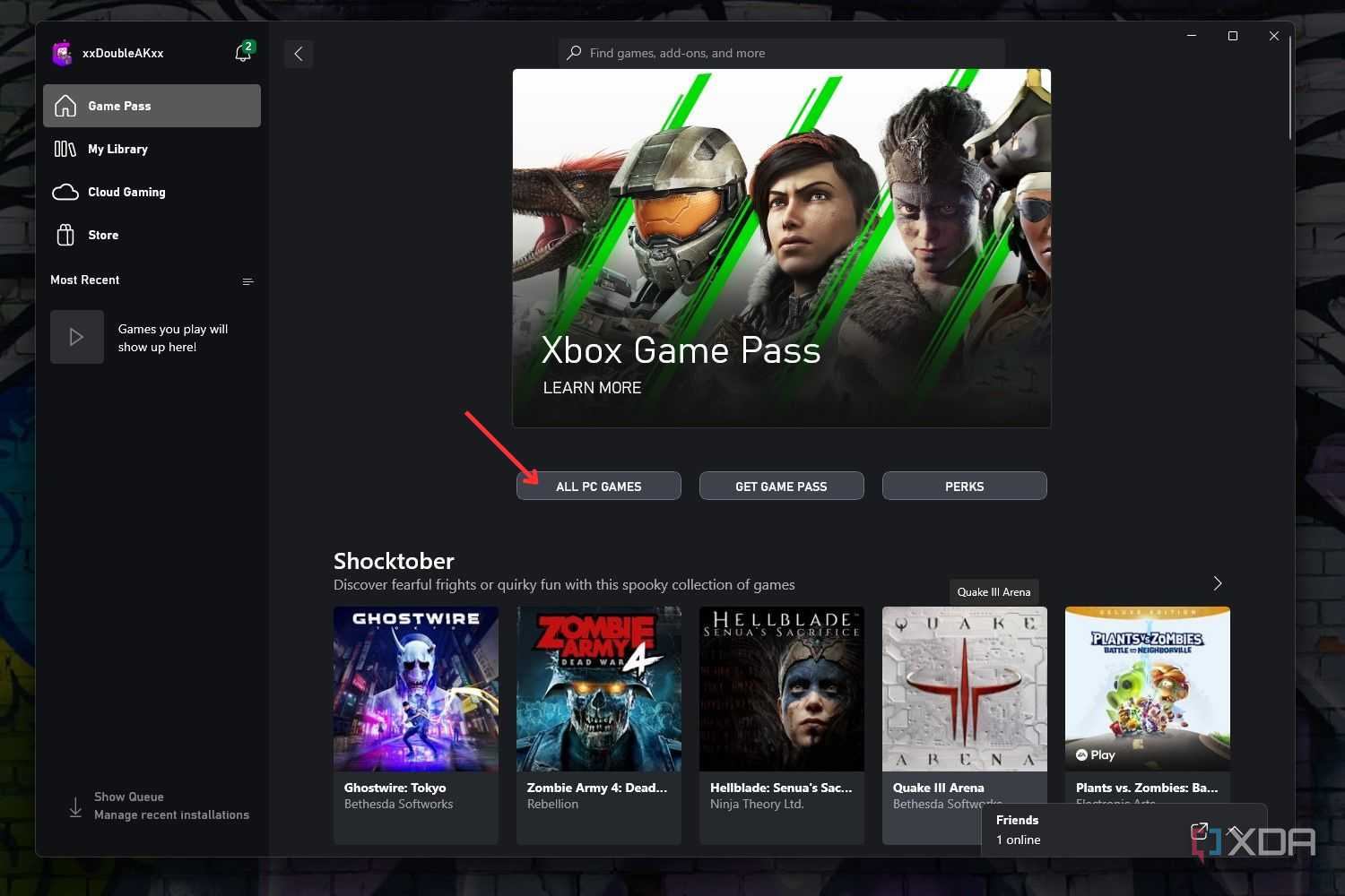 Windows screenshot that highlights the All PC Games option in the Xbox app