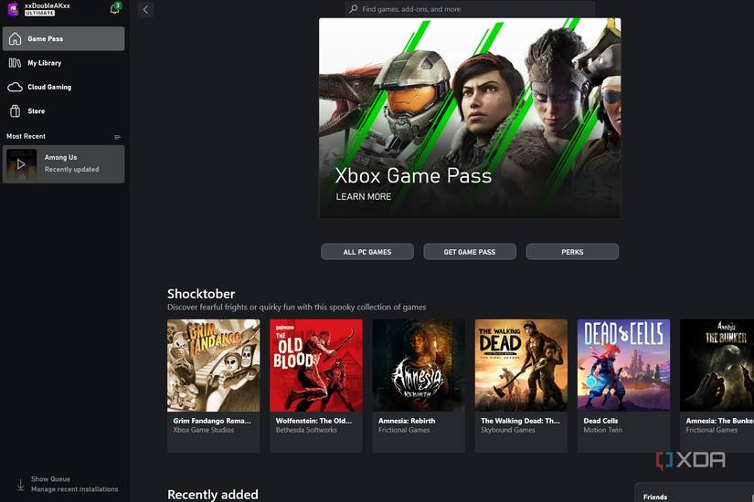Windows screenshot that shows the home screen for the Xbox app.