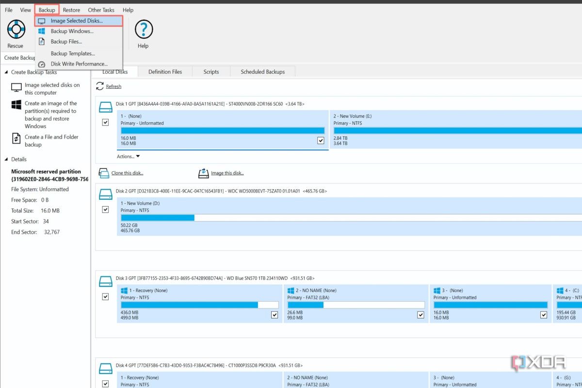 A screenshot of the Macrium Reflect app with the backup options highlighted