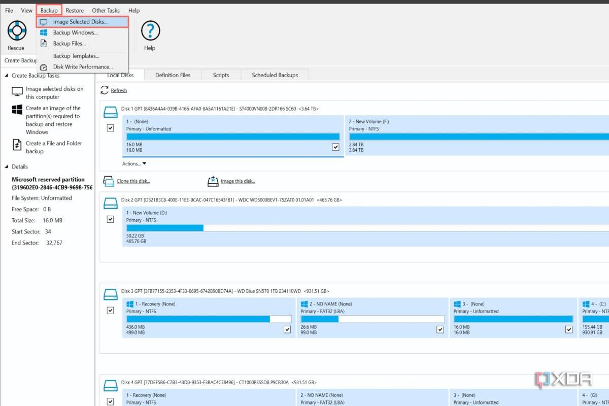 A screenshot of the Macrium Reflect app with the backup options highlighted