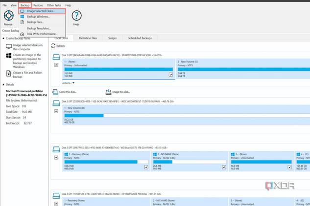 A screenshot of the Macrium Reflect app with the backup options highlighted
