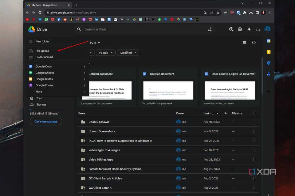 A Google Chrome screenshot highlighting the File upload button in Google Drive