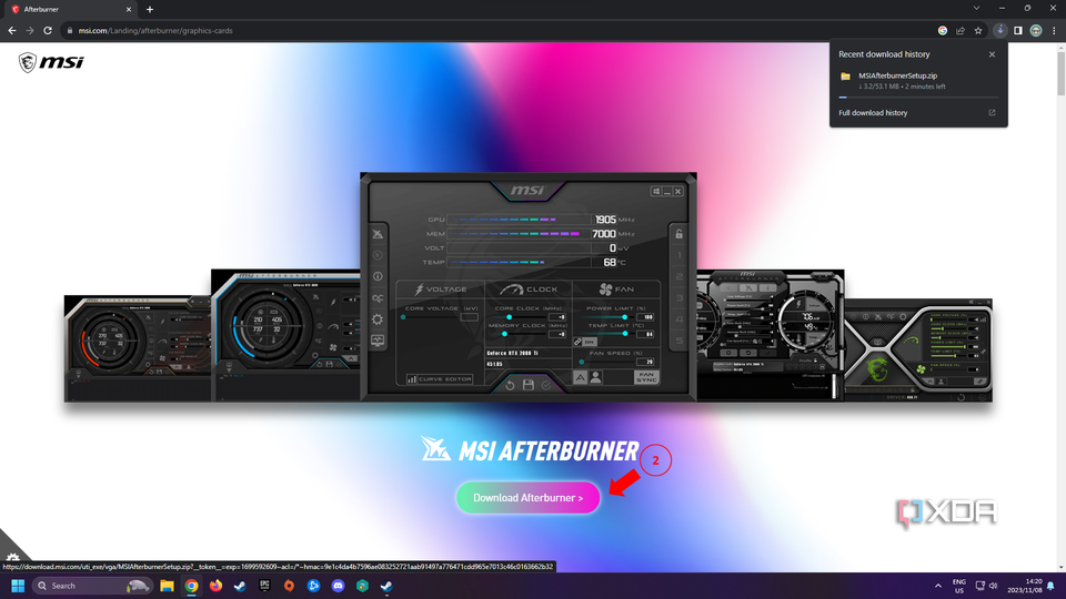 The MSI Afterburner website with a button to download Afterburner