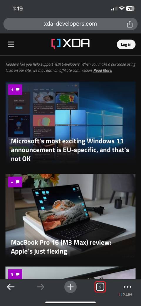 Change tabs in Google Chrome mobile app