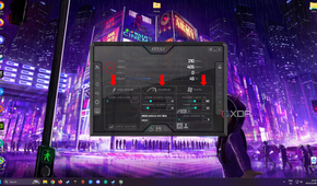 MSI Afterburner application with arrows pointing to the voltage, fan, and clock settings