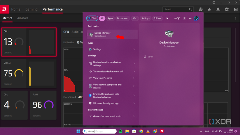 A windows search bar with the device manager application showing