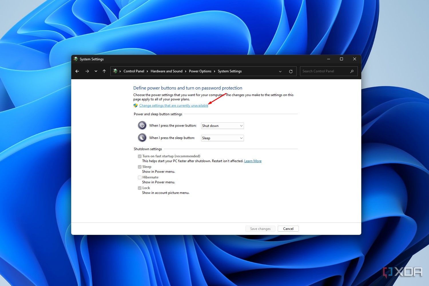 Windows 11 screenshot that shows the Power Options menu