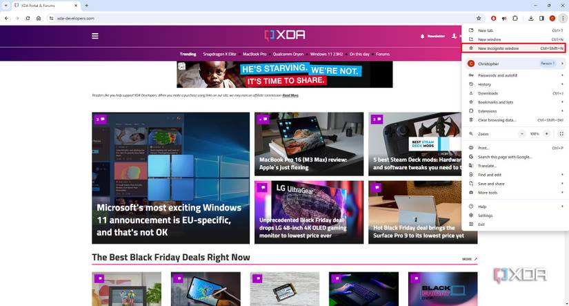 Opening Incognito tab in Google Chrome from the main menu