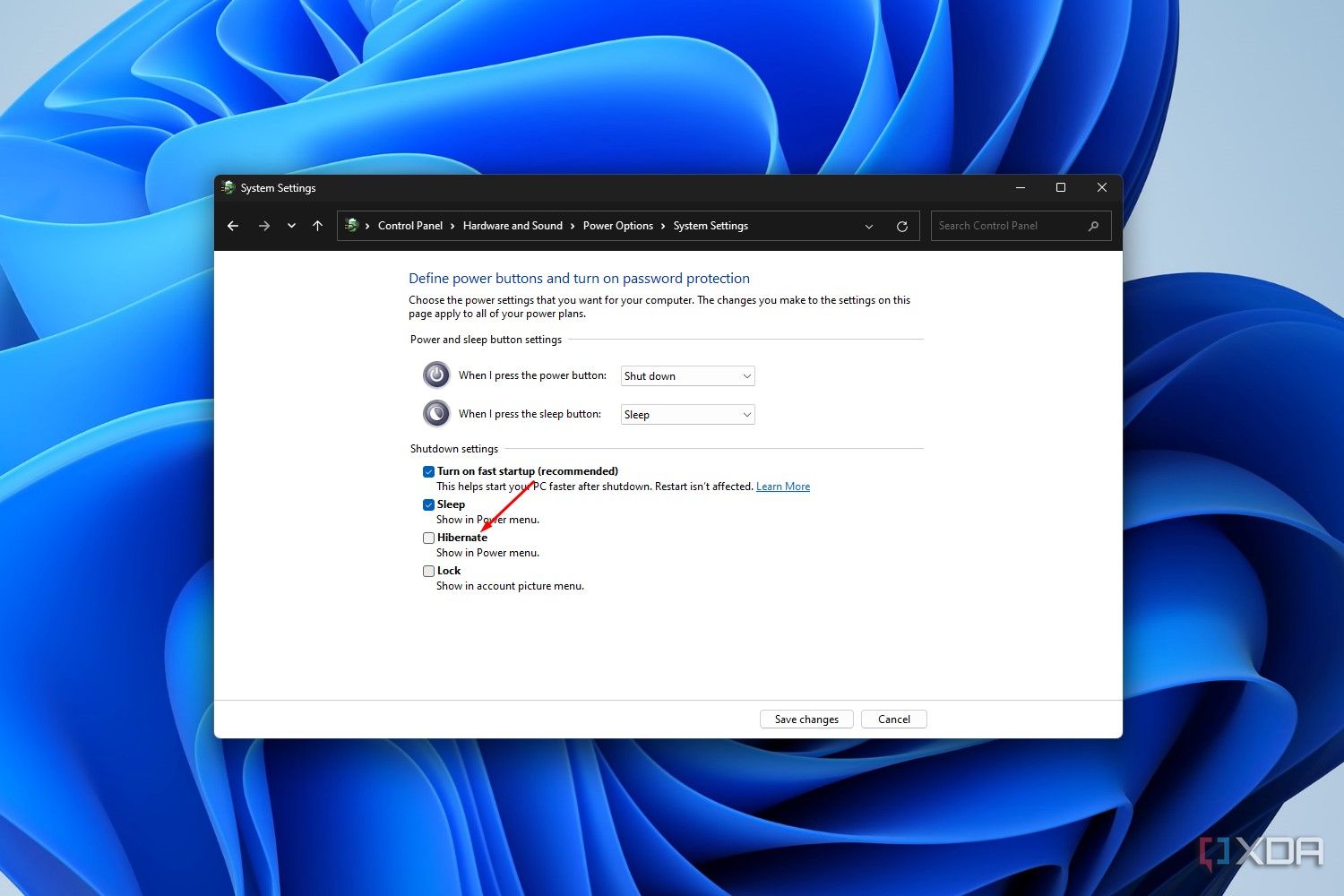Windows 11 screenshot that highlights the Hibernate setting in the power options menu.