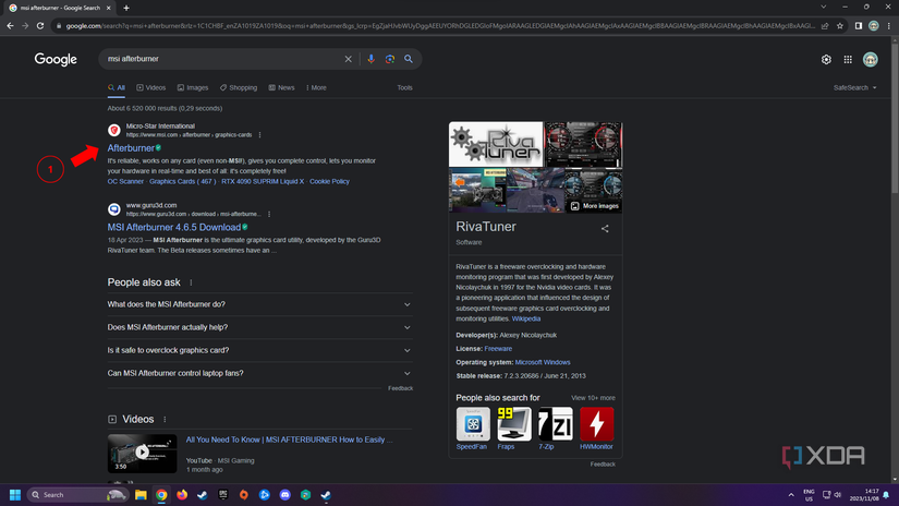 Google search results for MSI Afterburner