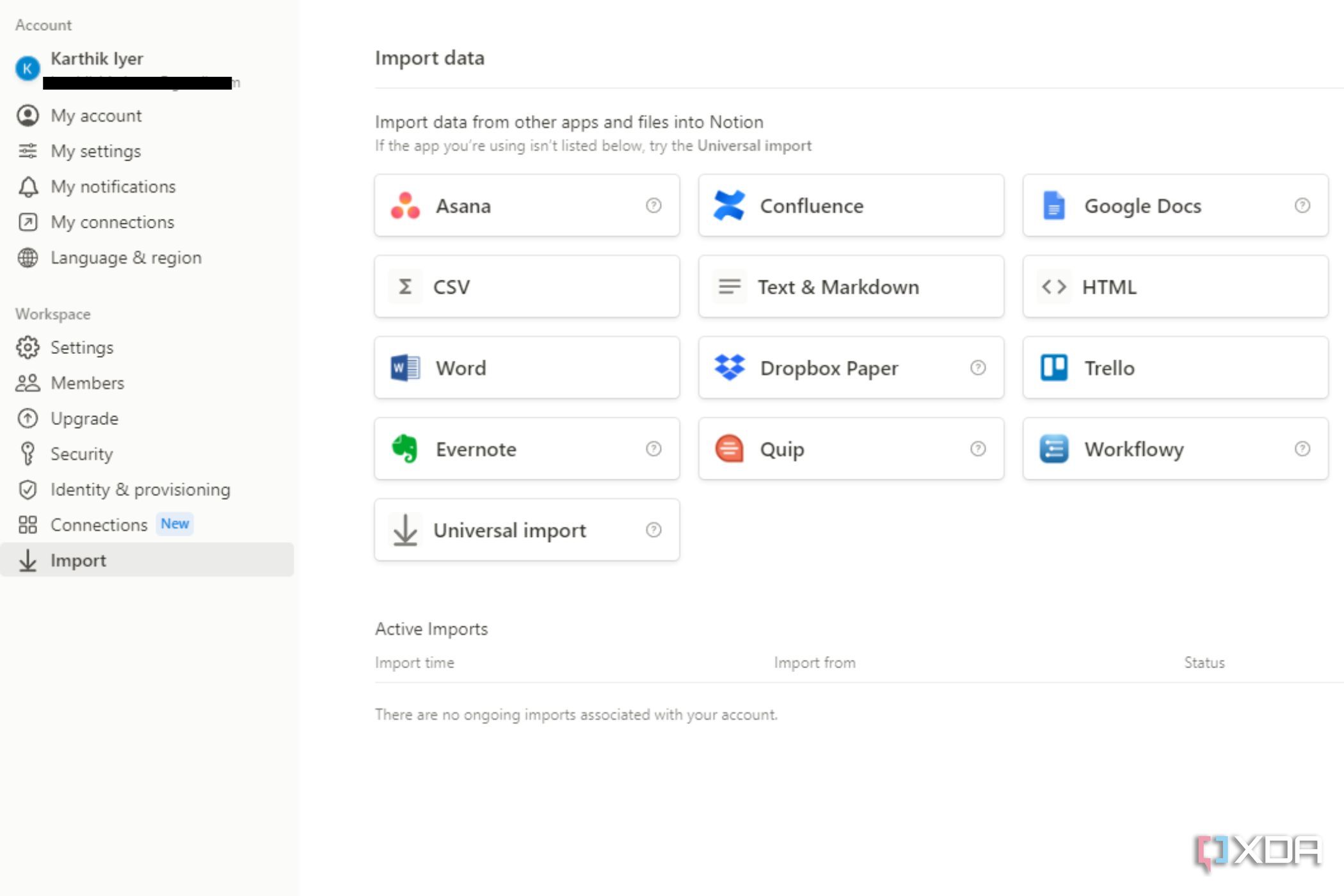 A screenshot showing the account settings in Notion.