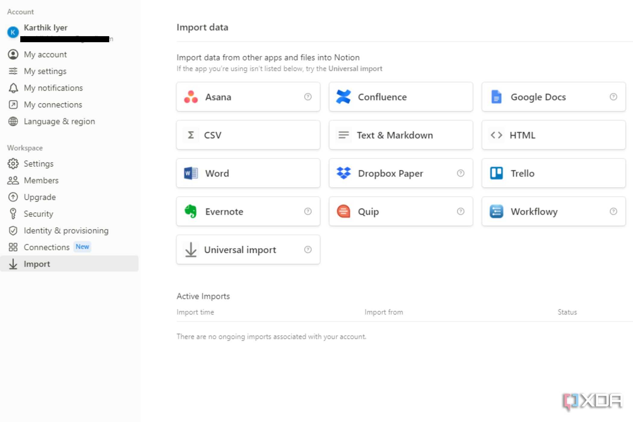 A screenshot showing the account settings in Notion.