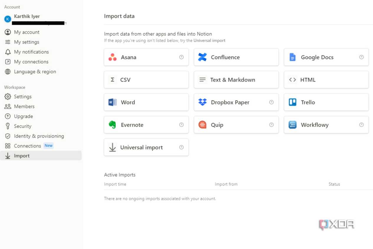 A screenshot showing the account settings in Notion.