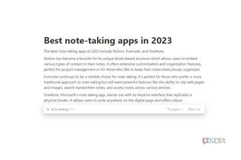 A screenshot showing Ai writing in notion.
