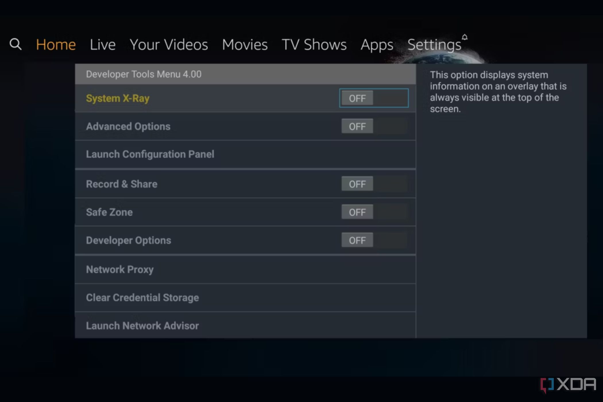 Una captura de pantalla que muestra el menú de herramientas para desarrolladores integrado de Amazon en Fire TV.