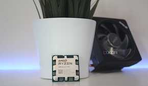 An image showing the AMD Ryzen 7 7700 CPU next to its cooler.