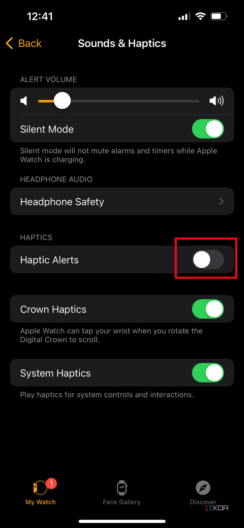 Watch app on iPhone in Sound & Haptics menu with Haptic Alerts off.
