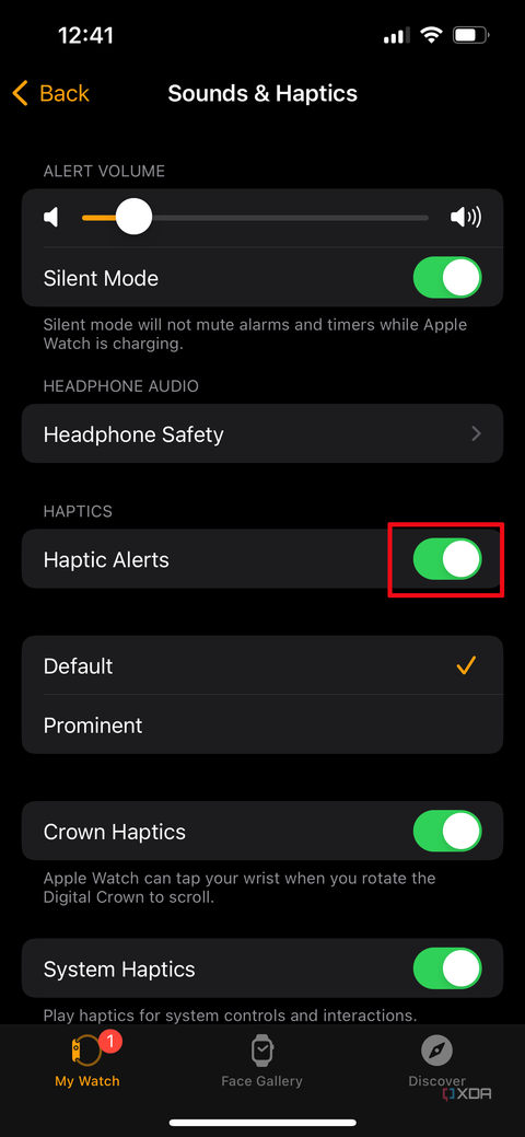 Watch app on iPhone in Sound & Haptics menu with Haptic Alerts on.