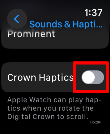 Apple Watch Sounds & Haptics menu with Crown Haptics selected and turned off.