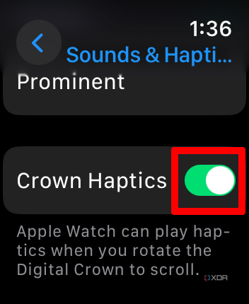 Apple Watch Sounds & Haptics menu with Crown Haptics selected and turned on.
