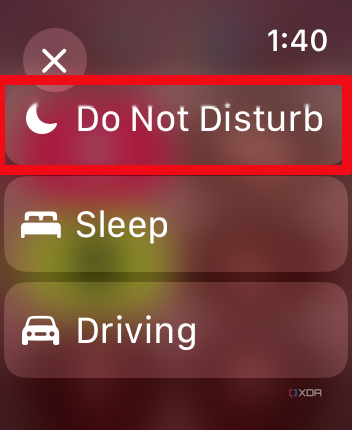 Apple Watch Do Not Disturb menu with the Do Not Disturb option selected.