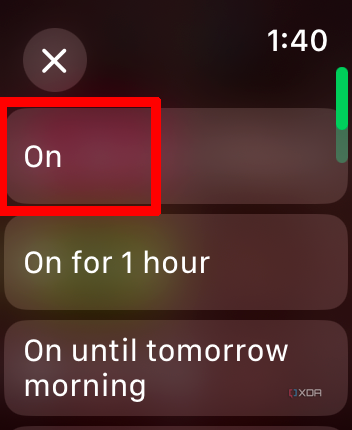 Apple Watch Do Not Disturb menu to select options with On selected.