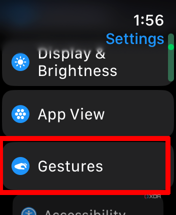 Apple Watch settings menu with Gestures selected.