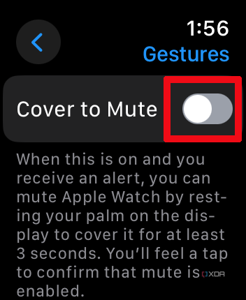 Apple Watch Gestures menu with Cover to Mute selected but off.