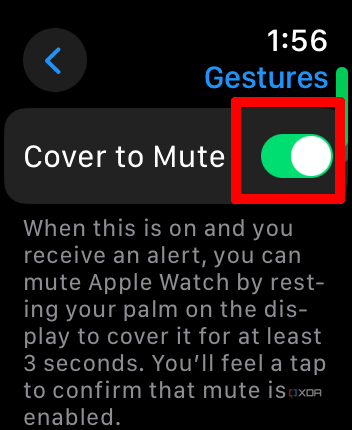 Apple Watch Gestures menu with Cover to Mute selected and on.