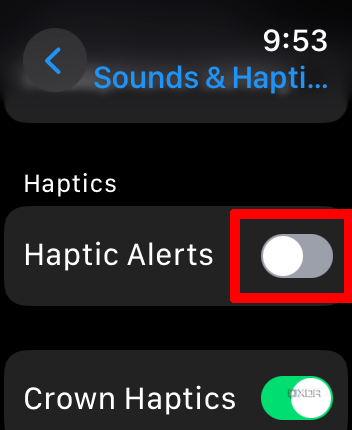 Apple Watch Sounds & Haptics menu with Haptic Alerts off.