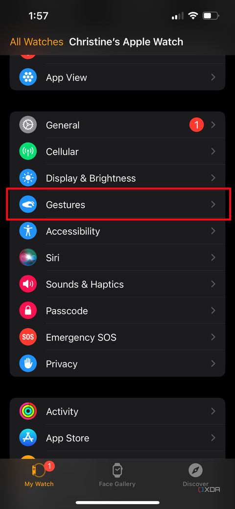 iPhone Watch app settings menu with Gestures selected.