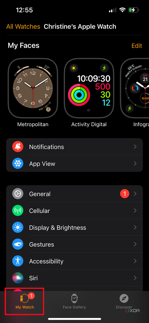 Apple Watch app on iPhone with My Watch tab selected.