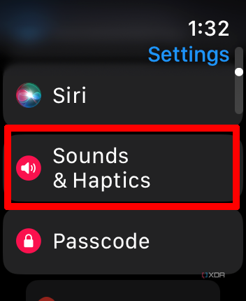 Apple Watch settings menu with Sound & Haptics selected.