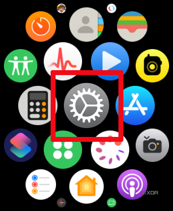Apple Watch grid icons with Settings selected.