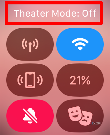 Apple Watch Control Center menu with Theater Mode selected but off, a message at the top confirming it's off.