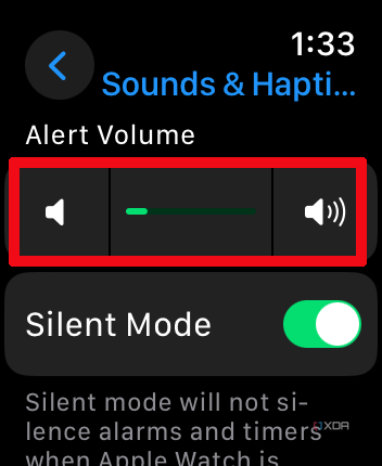 Apple Watch Sound & Haptics menu with Alert Volume slider selected.