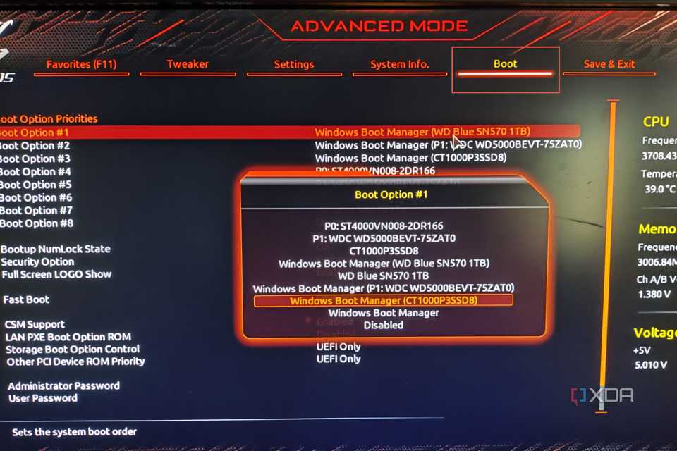 A screenshot of the Boot settings in the BIOS