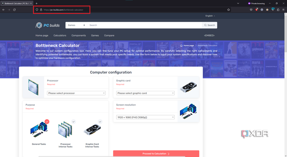 bottleneck calculator website opened on mozilla browser
