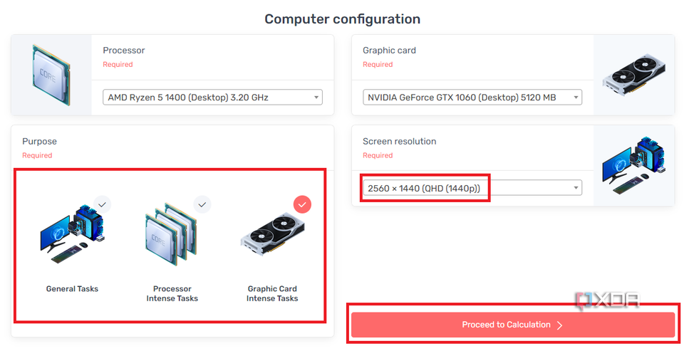 resolution and purpose selected on bottleneck calculator website