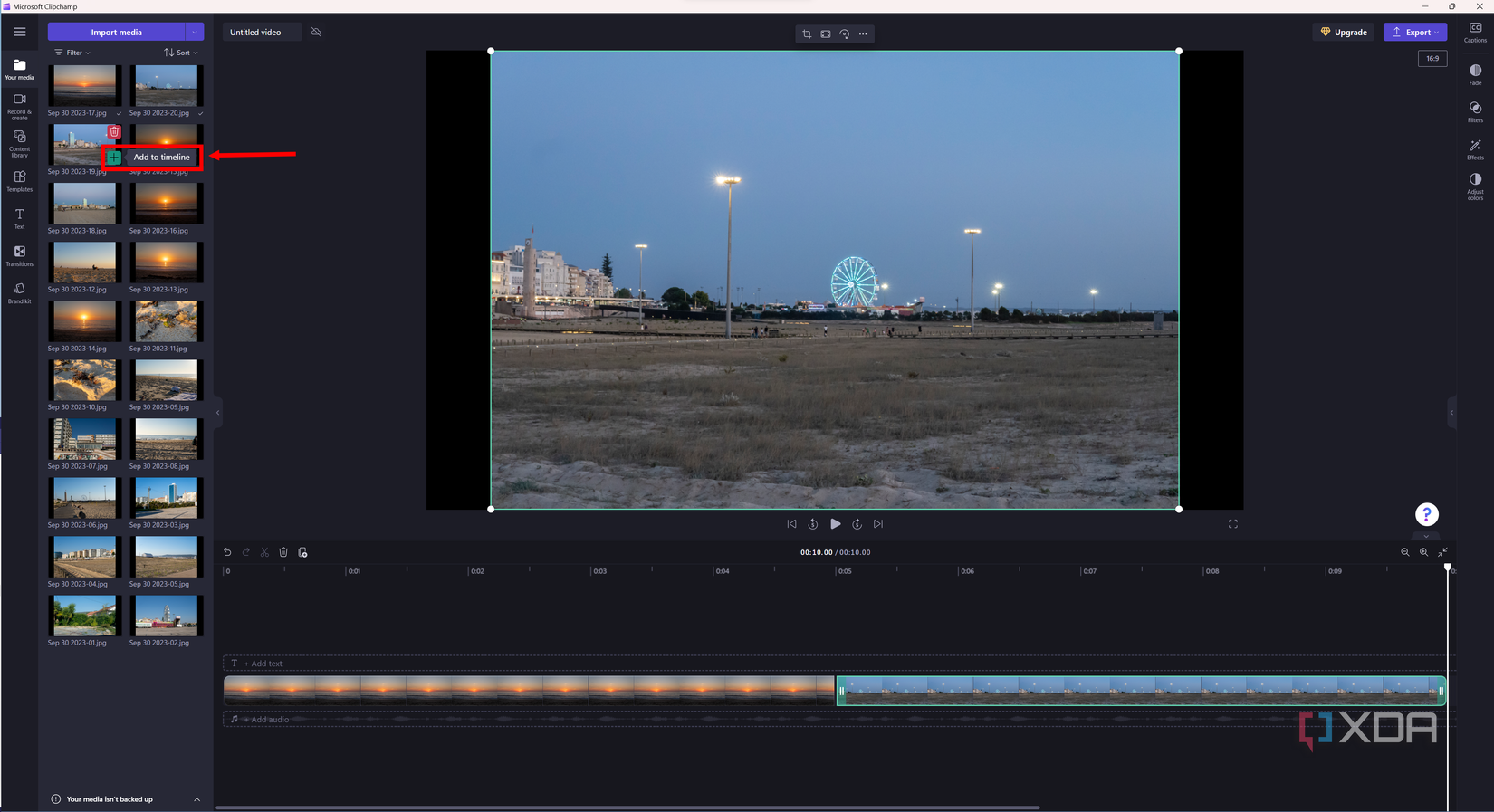Screenshot of Clipchamp with imported media and an add to timeline button highlighted