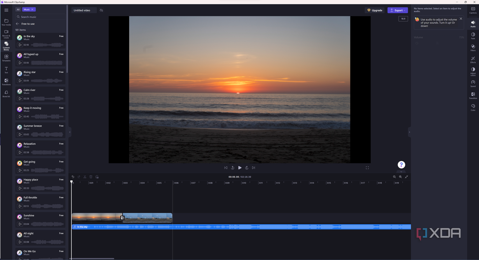Screenshot of Clipchamp with the stock audio library open and an audio clip added to the timeline