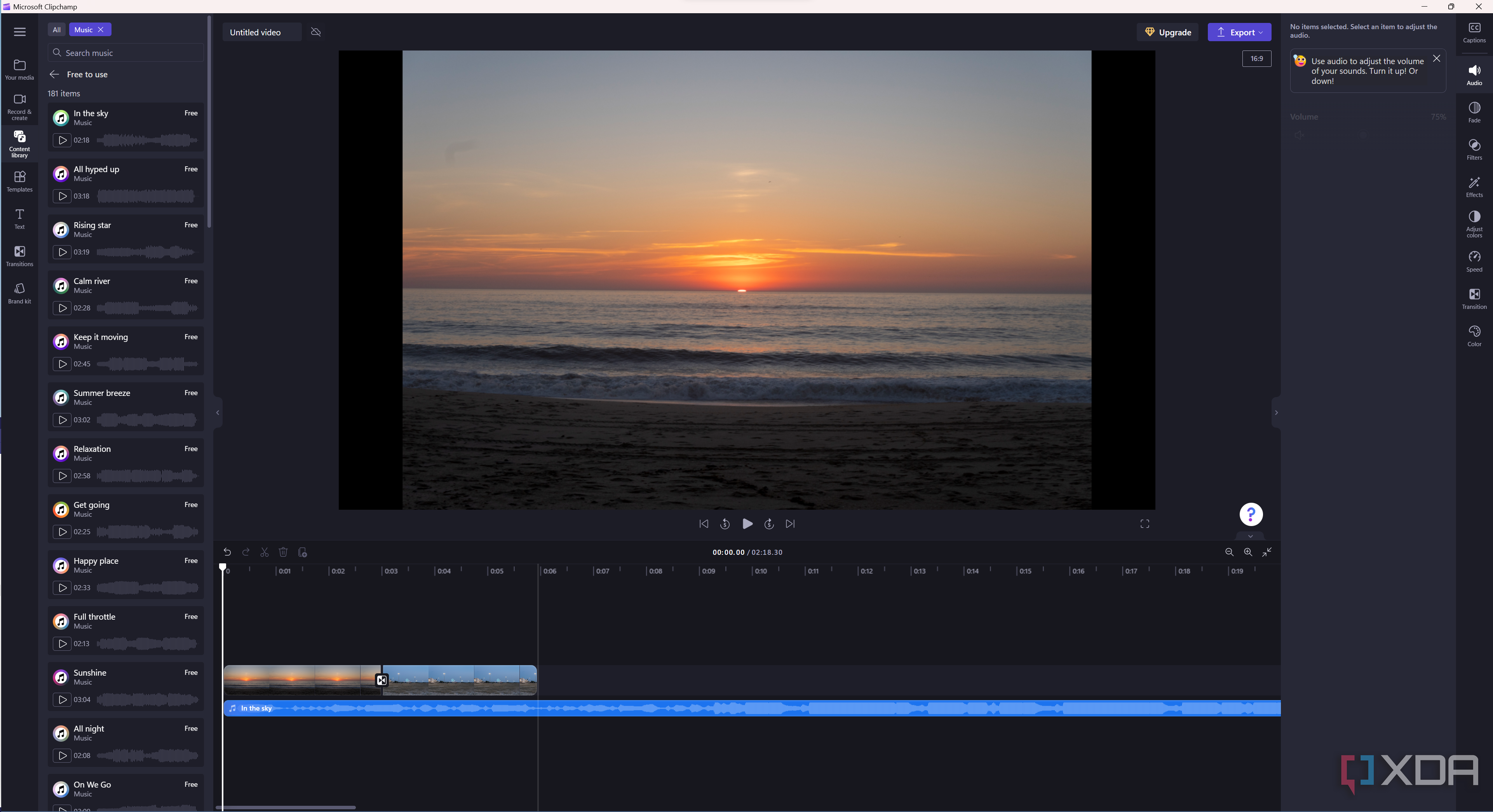 Screenshot of Clipchamp with the stock audio library open and an audio clip added to the timeline