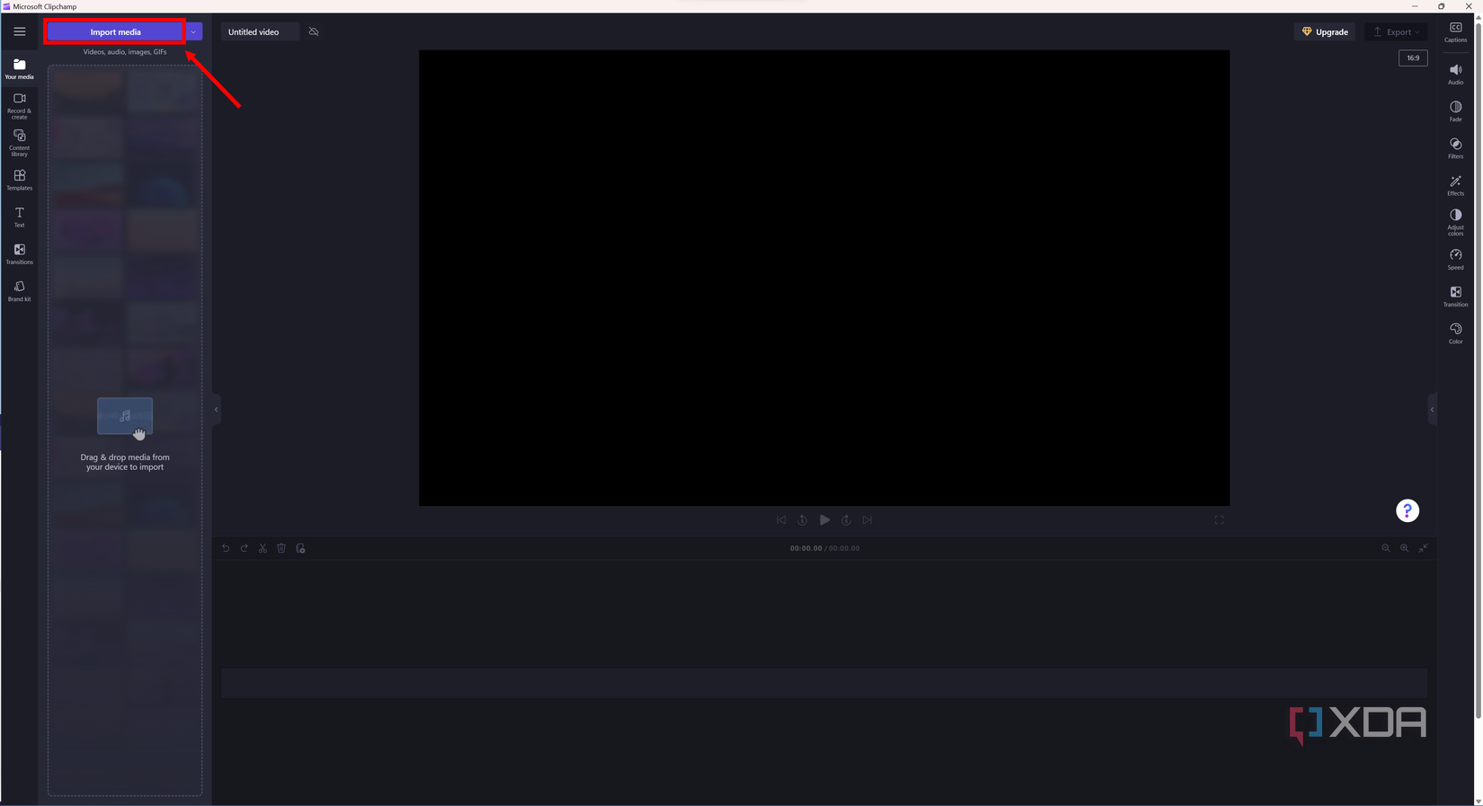 Screenshot of Clipchamp video editing UI with import media button highlighted