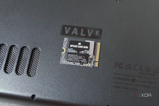 Corsair MP600 Core Mini SSD next to the Valve logo on the Steam Deck.