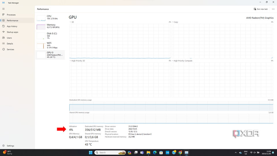 Task Manager 'Performance' tab focused on GPU 0 with detailed GPU information such as driver version, GPU memory, and temperature.
