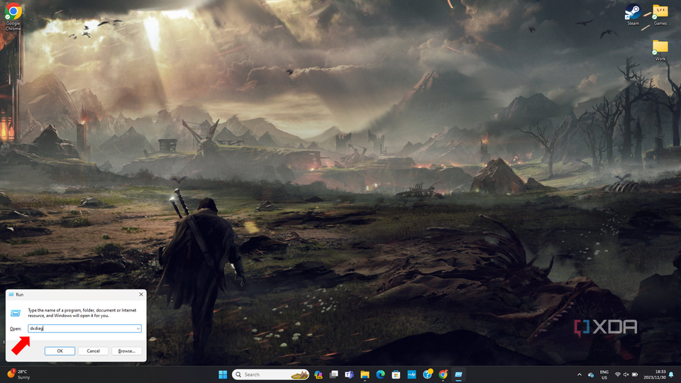 Windows desktop with the 'Run' dialog box open, indicating entry of a command related to DirectX Diagnostic Tool.